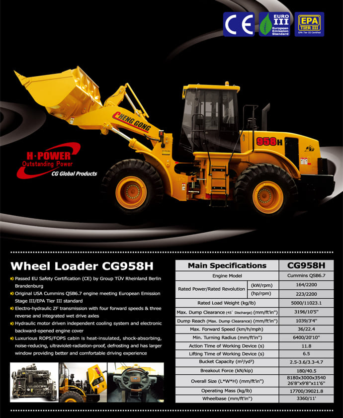 CG958H Wheel Loader Spec